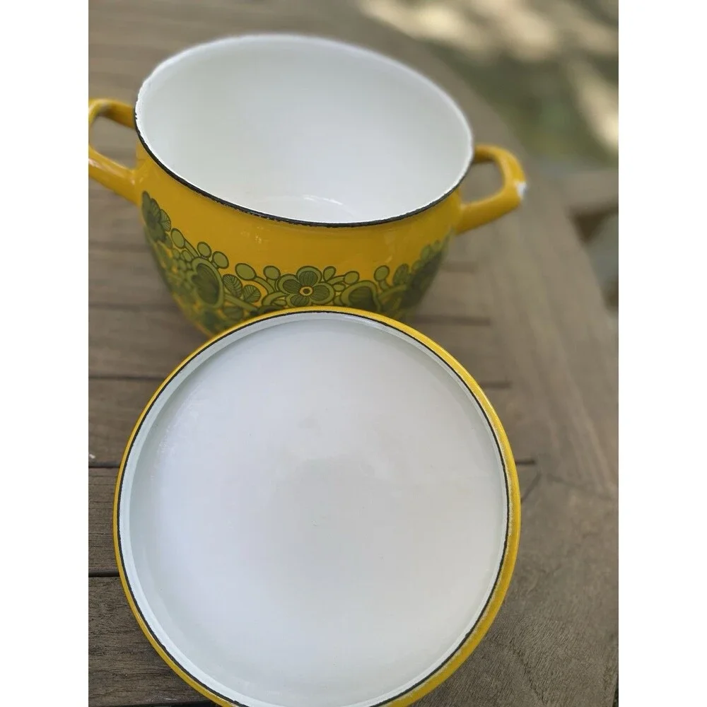 Vintage Arabia Finel Kalas Primavera Enamel Casserole Pot with Lid Yellow Green